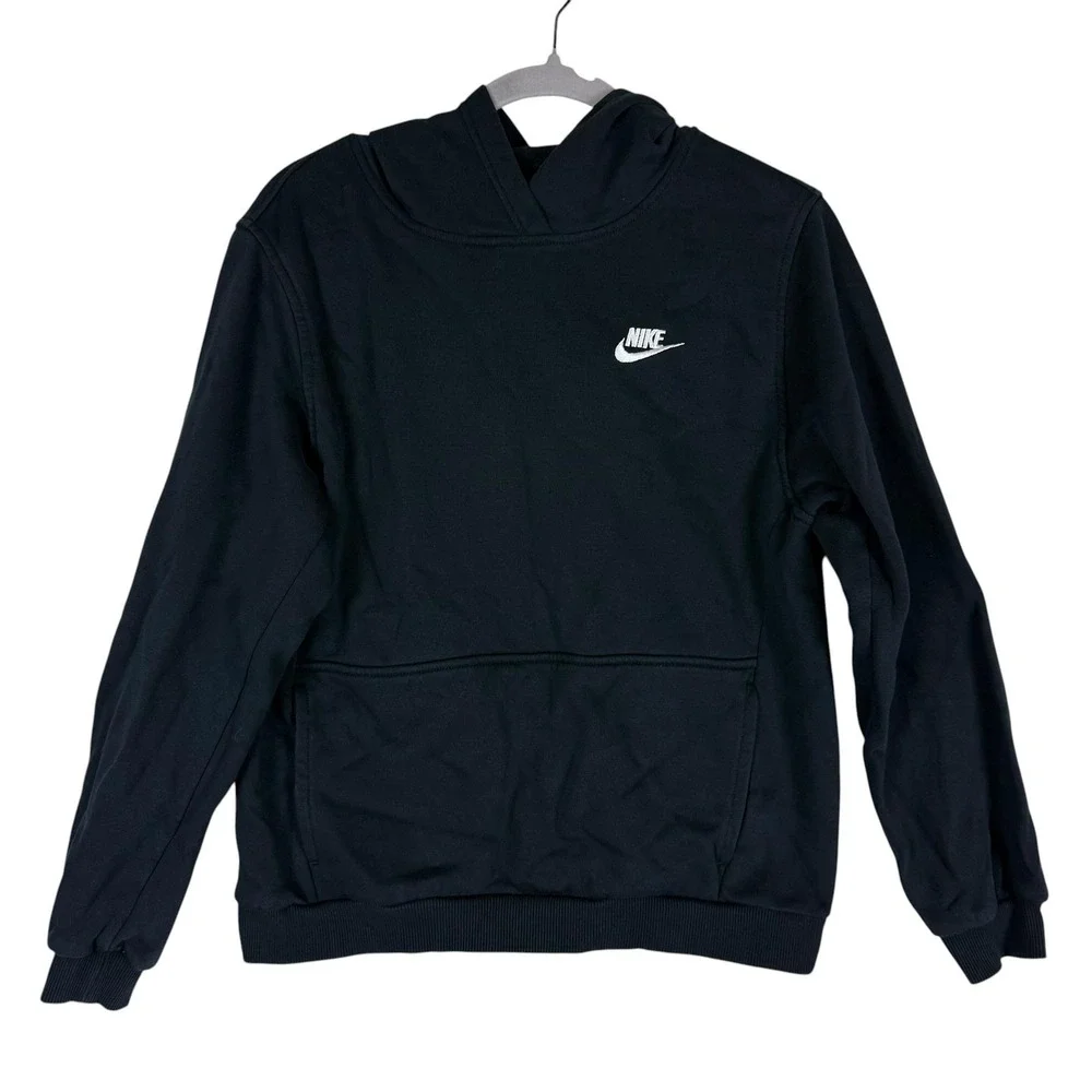 Nike Hoodie Youth XL Black Pullover Fleece Sweatshirt Swoosh Logo Embroidered